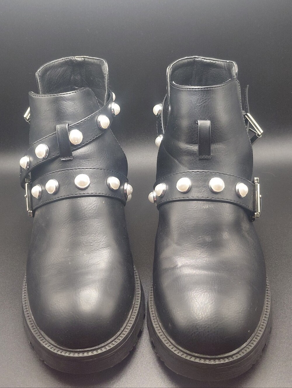 JustFab Black Leather Studded Ankle Booties